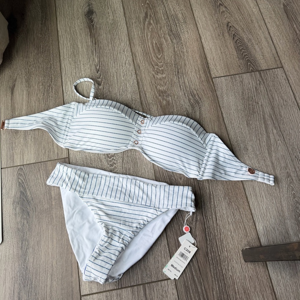 White Striped Bandeau Bikini Set - Women